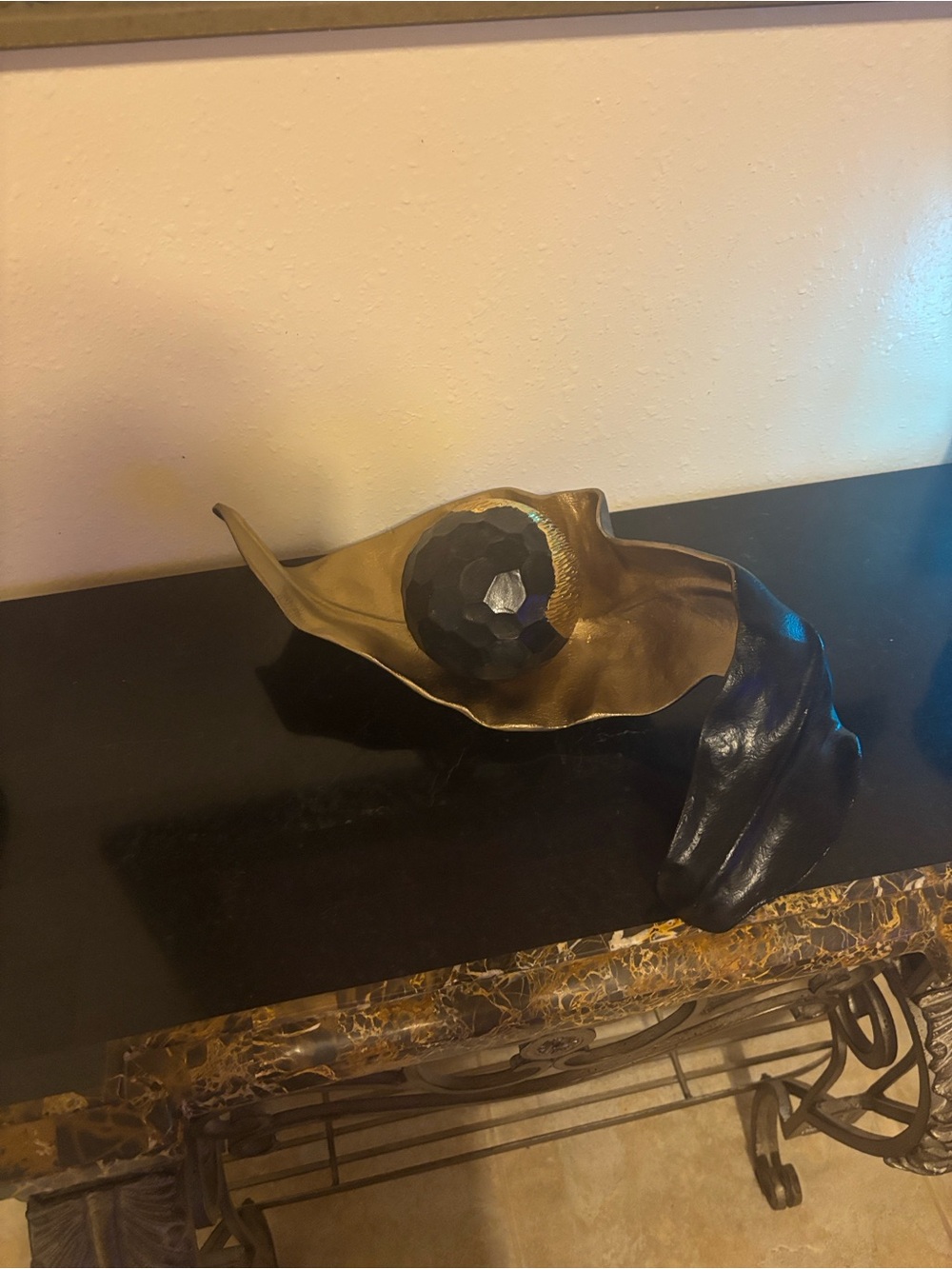 Metal Leaf Accent Sculpture with Faceted Orb - Gold and Black